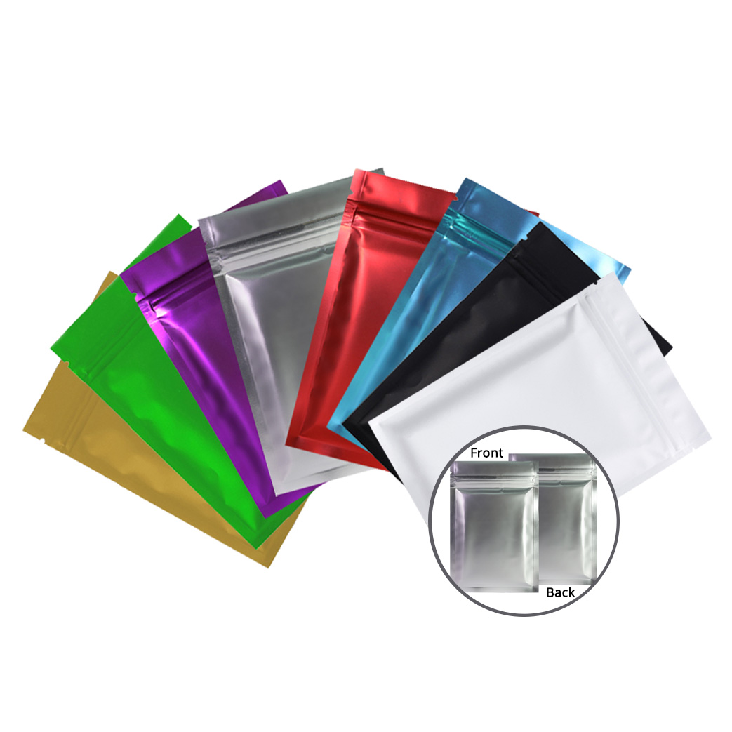7.5x10cm High Quality Assorted Color Double Side Matte Mylar Foil Silver Inside Flat Ziplock Bag With Tear Notch
7.5x10cm High Quality Assorted Color Double Side Matte Mylar Foil Silver Inside Flat Ziplock Bag With Tear Notch