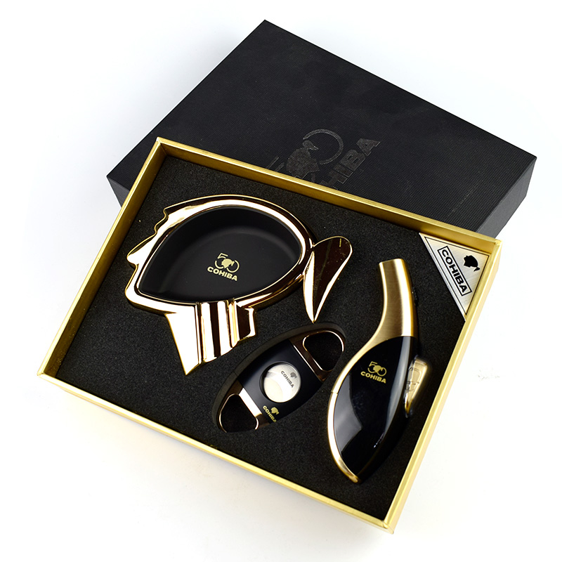 Luxury high-end quality cigar set with torch lighter cutter and ash tray has black gift box
Luxury high-end quality cigar set with torch lighter cutter and ash tray has black gift box