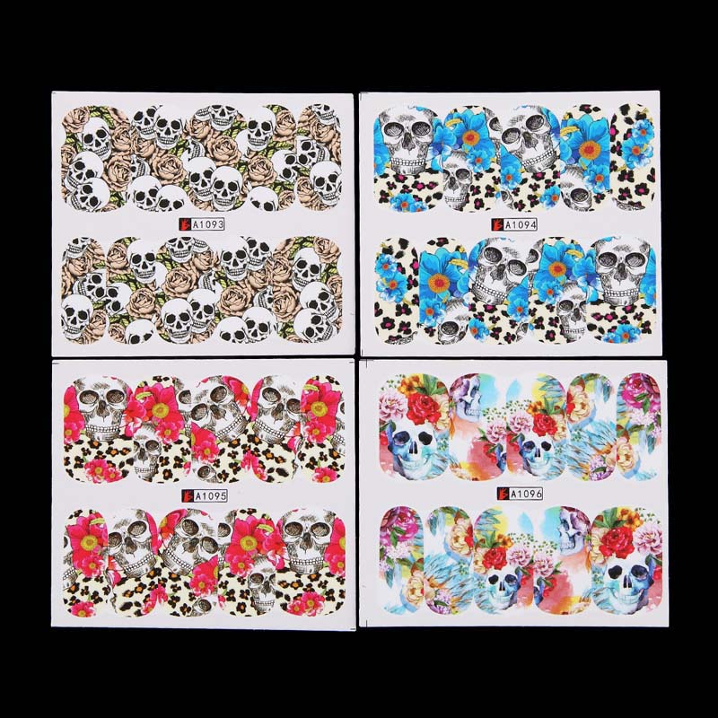 48pcs/lot Xmas Halloween Glue Nail Decals Sticker Water Transfer Nails Art Foils Wraps Gift Bat Skull Christmas Decorations
