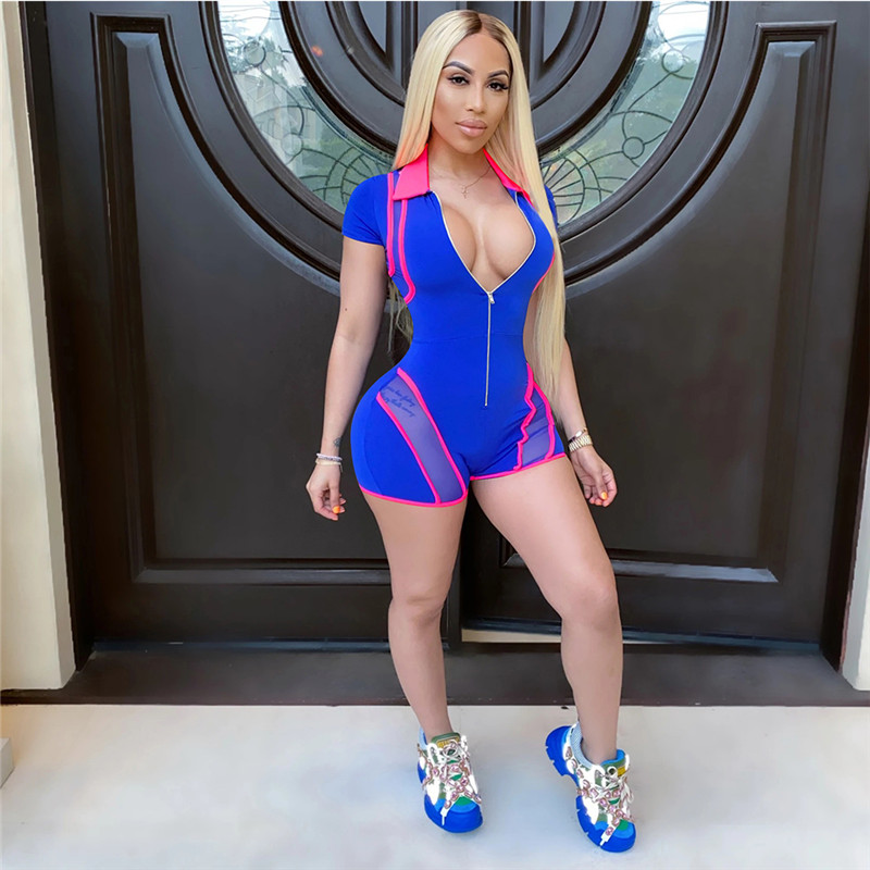 New Plus size 2X Summer Women solid color shorts Jumpsuits fashion short sleeve bodysuits Casual mesh panelled Overalls night club wear 3185