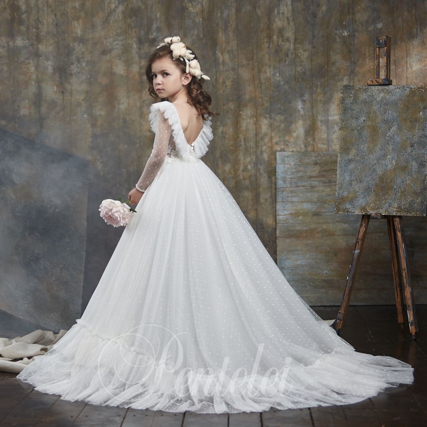 Bohemian Appliqued Backless Flower Girl Dresses For Wedding Bateau Neck Beaded Long Sleeves Toddler Pageant Gowns Tulle Kids Prom Dress 407