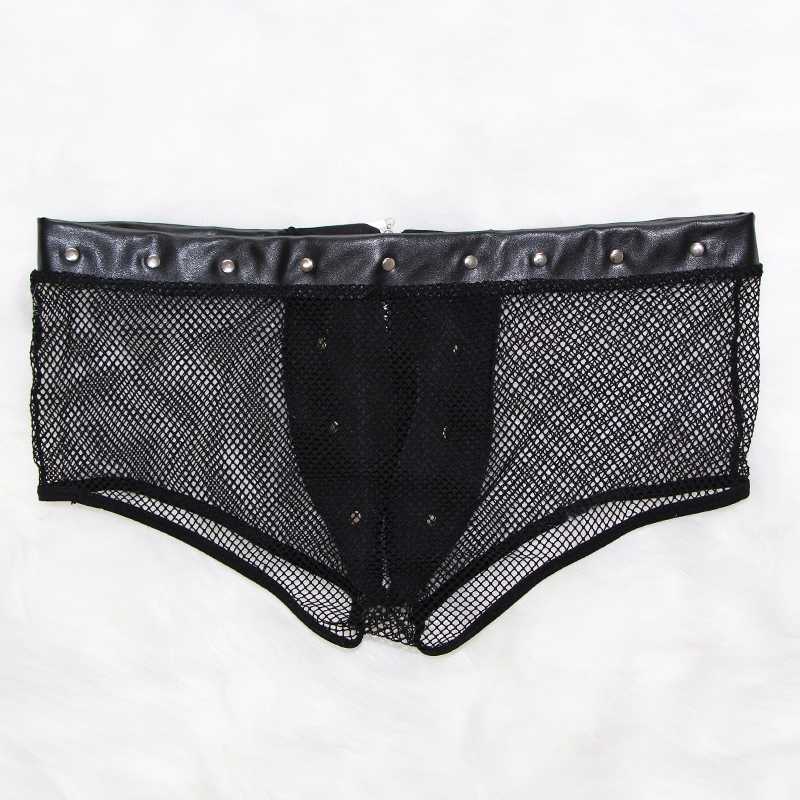 Men Leather Fishnet Patchwork Boxer Shorts Cueca Underwear Male Gay Hollow Out Net Leather Sexy Trunks Boxers Panties Underpants