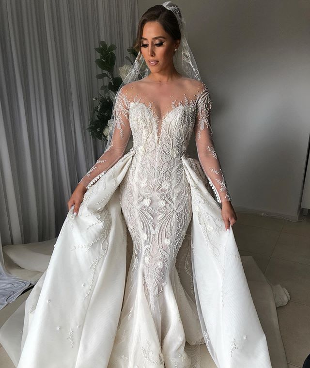 Luxury Mermaid Wedding Dresses With Detachable Train Full Lace Applique Sweep Train Country Bridal Gowns Sheer Jewel Neck Robes De Mariée