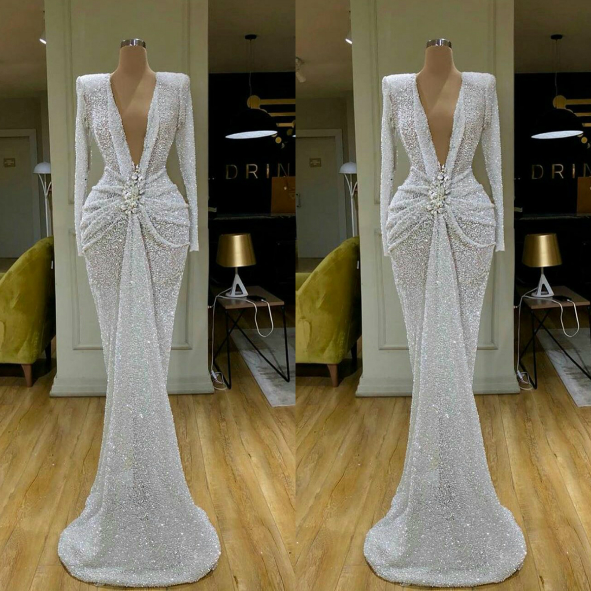 white mermaid prom dresses deep v neck long sleeve beads appliqued evening dresses formal party pageant gowns