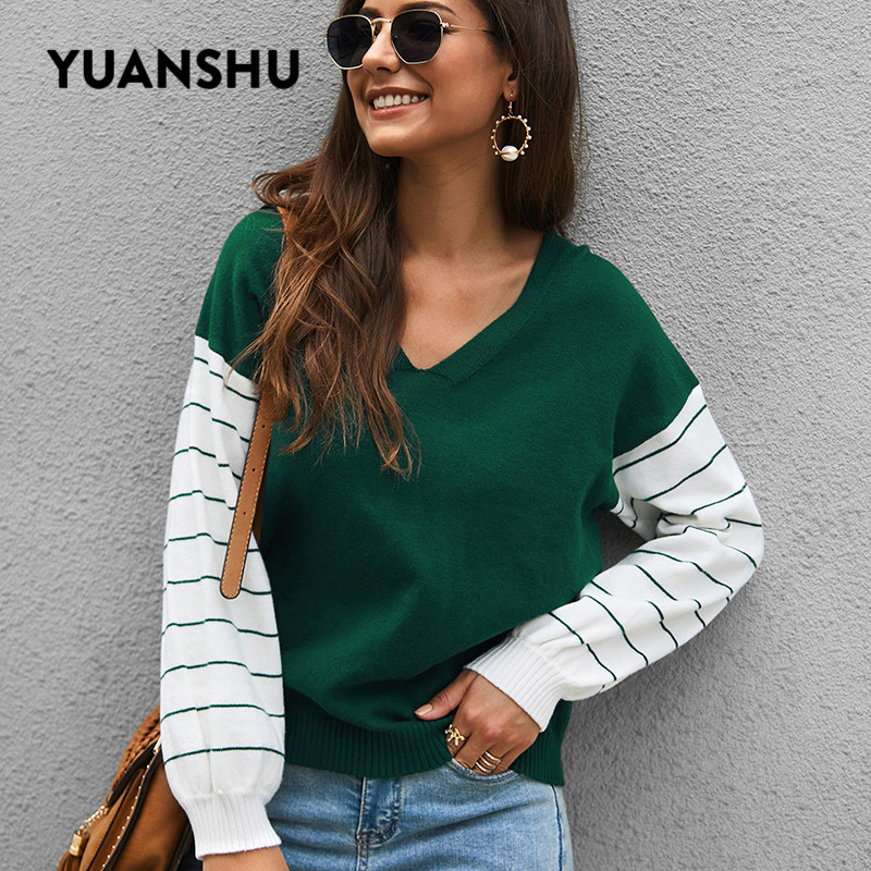 YUANSHU 2019 Autumn Winter Casual Knitted Sweater Women Streetwear V Neck Lantern Sleeve Pullovers Loose Collision Color Tops, Green
YUANSHU 2019 Autumn Winter Casual Knitted Sweater Women Streetwear V Neck Lantern Sleeve Pullovers Loose Collision Color Tops, Green
