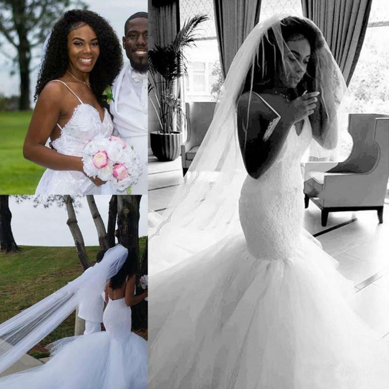 2019 Boho Mermaid Wedding Dresses Spaghetti Straps Lace Applique Tulle Backless Bridal Gowns African Beach Wedding Dress Cheap