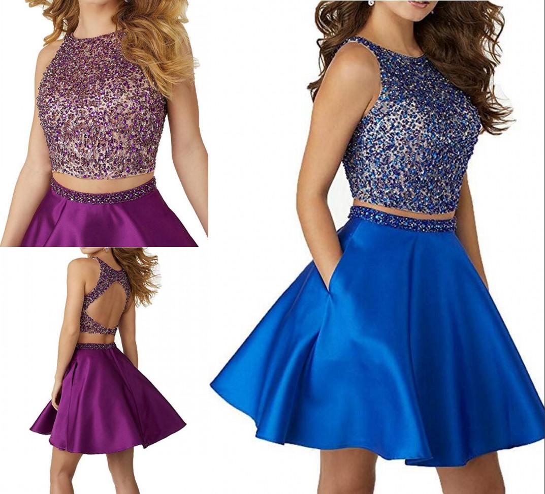Crystals Satin Two Pieces Homecoming Dress With Pocket Backless Short Prom Dresses Beading A Line Formal Party Cocktailb Gowns