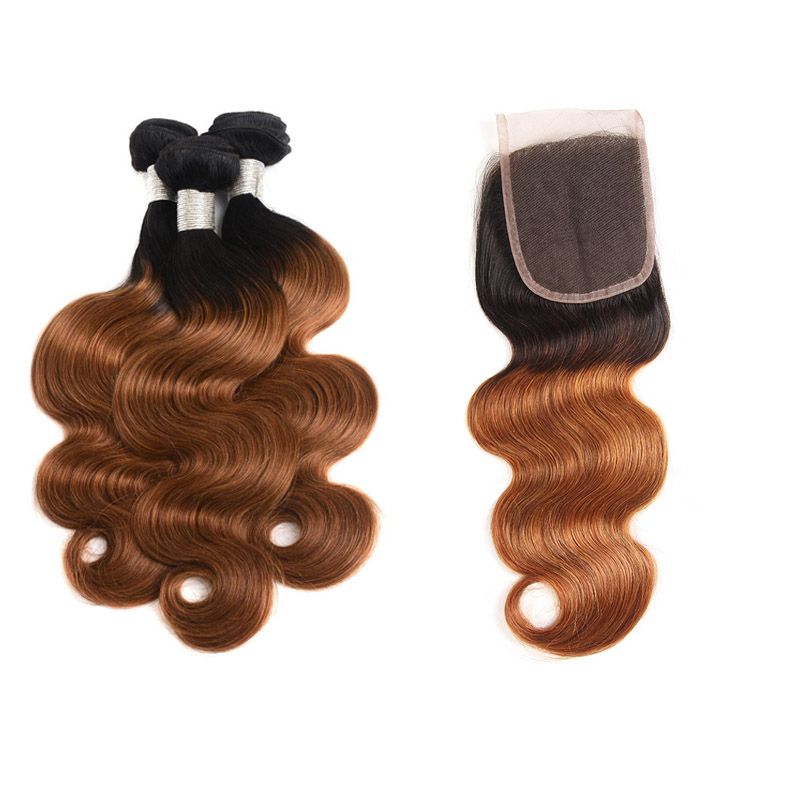 Body Wave 1B/30 TwoTones Color 3 Bundles With 4X4 Lace Closure Brazilian 100% Human Hair Extensions Free Part 10-30inch