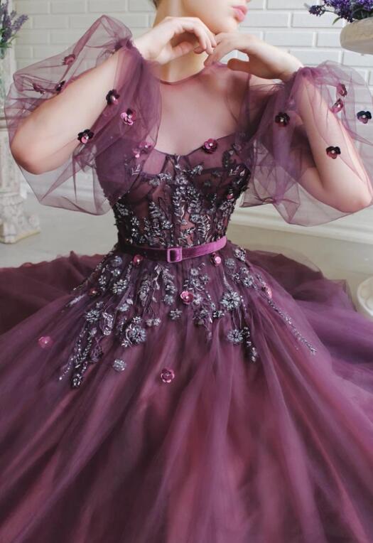 Elegant Evening Dresses Jewel Neck Lace 3D Floral Appliques Beaded Prom Dress Sweep Train Long Sleeves Formal Party Gowns
