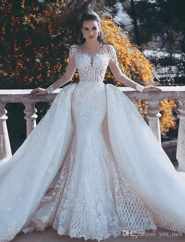 New Sexy Mermaid Wedding Dresses Full Lace Appliques Beads Illusion Long Sleeves Sheer Open Back Overskirts Ruffy Formal Bridal Gowns