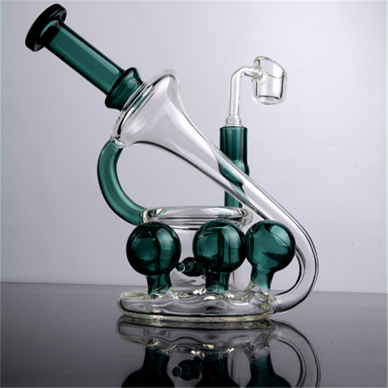 Unique Dark Green Glass Bong Handmade Hookah Thickness Base Vapor Water Pipe 14mm Joint Banger Hookah Glass Bongs