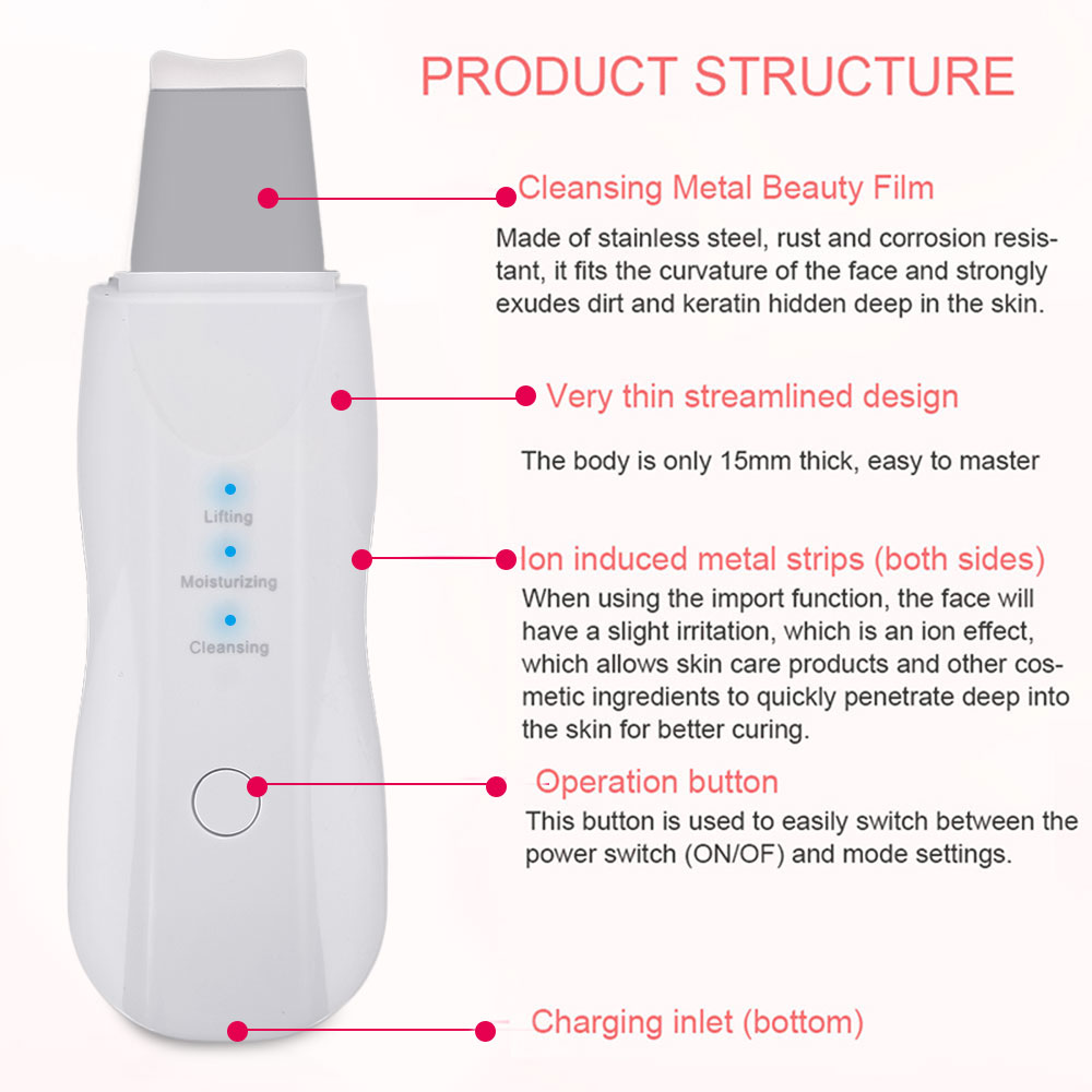 Ultrasons peau Scrubber Massager machine Pore Cleaner visage de nettoyage profondément Anion Soins du visage Peeling Pelle de levage