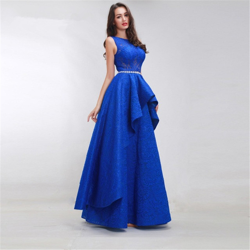 Elegant Royal Blue Lace A Line Prom Dresses Custom Tiered Evening Floor Length Hollow Back Party Gowns Robe De Mariée