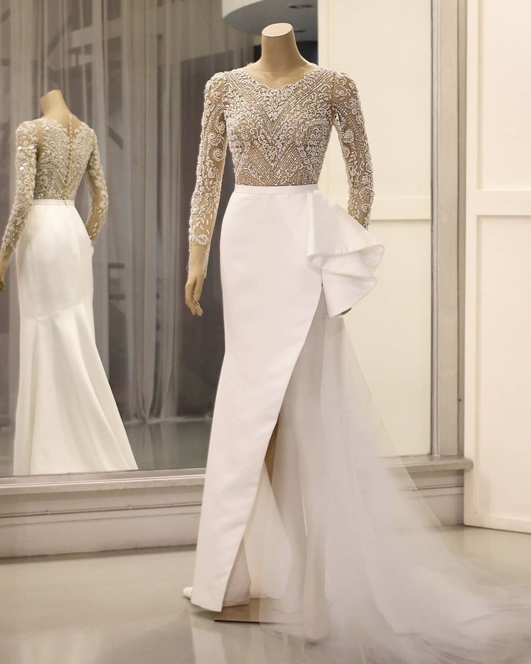 2020 Arabic Aso Ebi Luxurious Beaded Sequins Wedding Dresses Mermaid High Split Bridal Dresses Long Sleeves Wedding Gowns ZJ224