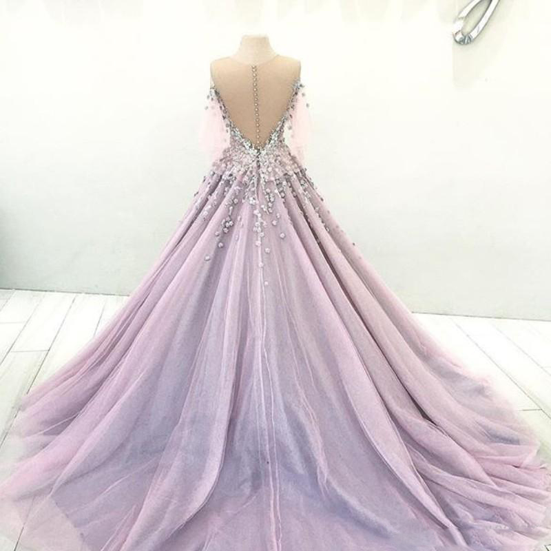Romantic Dubai Princess Ball Gown Wedding Dresses Sheer Jewel Neck Bow Beaded Lace Applique Engagement Dress Light Purple Tulle Bridal Gowns