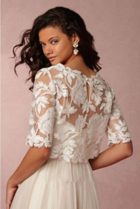 Vintage 2019 Wedding Wrap White Ivory Bolero Bridal Jackets Jewel Neck Half Sleeve Top Leaves Lace BHLDN Plus Size Wedding Jacket