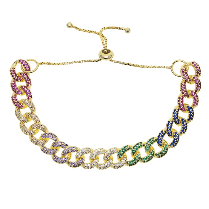 Adjust slider box chain gold rose gold 2 color micro pave rainbow cz Miami cuban link chain women bracelet fashion