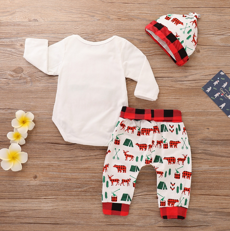 Christmas Baby Clothes Infant Boy Letter Romper Plaid Pants Hat 3pcs Set Check Newborn Girl Bodysuits Xmas Baby Clothing DW4497