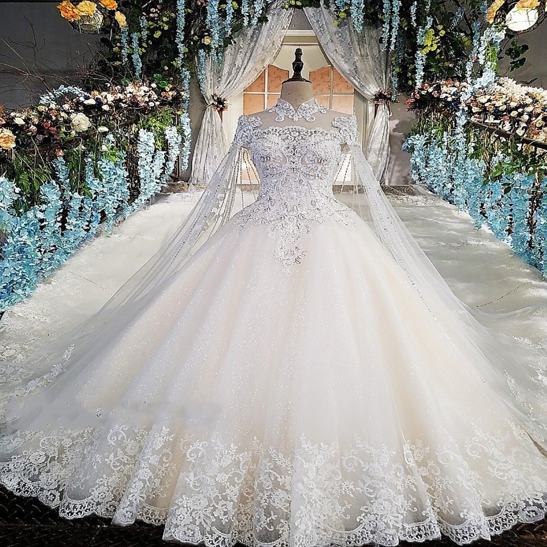 Gown Lace Ball Wedding Dresses High Neck Beaded Long Sleeves Bridal Gowns Sequined Tulle Cathedral Train Appliqued Robes De Marie s