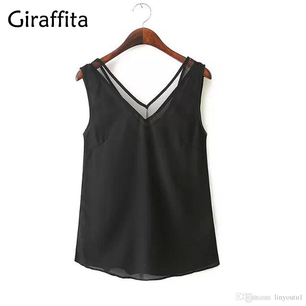 2020 Giraffita New Womens Tops Fashion Women Summer Chiffon Blouse Plus Size S To 3XL Sleeveless Casual Shirt Black White Clors