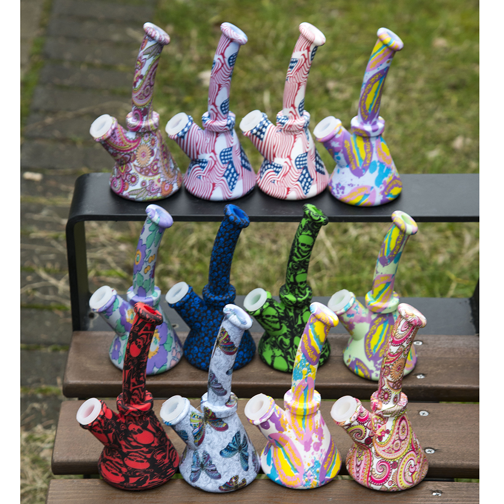 Silicone Bong 6.4 Inch Beaker Base Water Pipes hotselling printing 14mm female unbreakable bongs Silicone Downstem & Glass Bowl