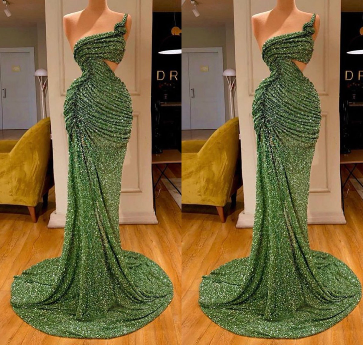 2020 Green Mermaid Prom Dresses Lace Glitter Beads One Shoulder High Side Split Evening Dress Tiered Skirts Ruffles Sexy Robe de soriee