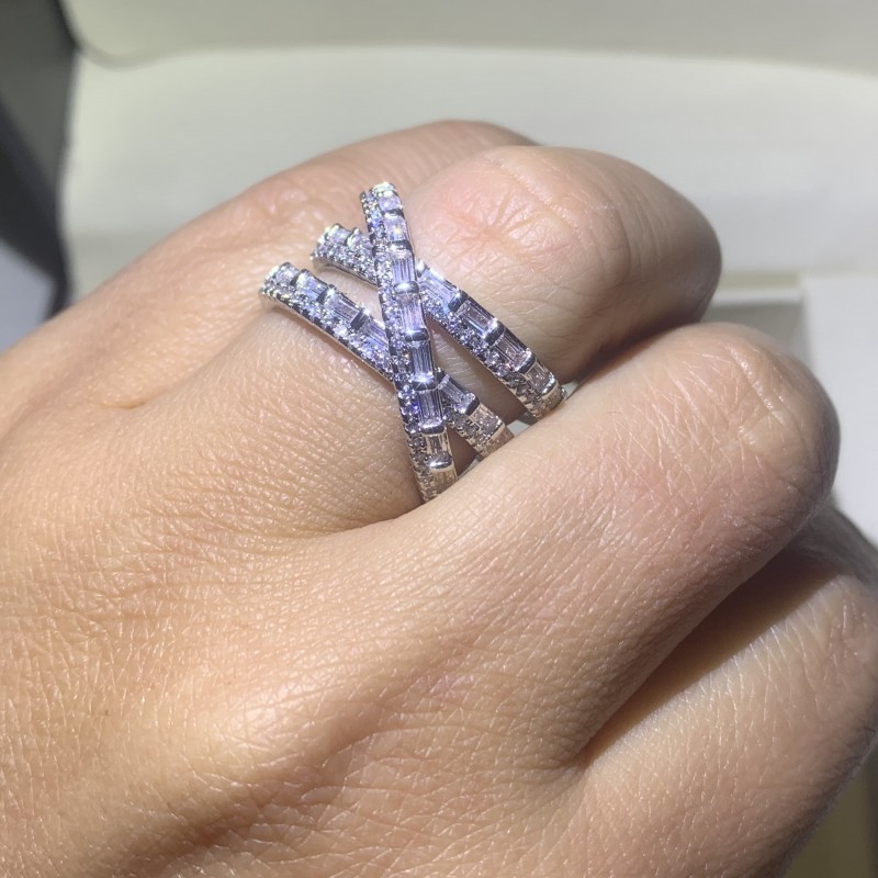 Sparkling Handmade Deluxe Jewelry 925 Sterling Silver Princess Cut White Topaz CZ Diamond Gemstones Party Cross Ring Women Wedding Belt Ring