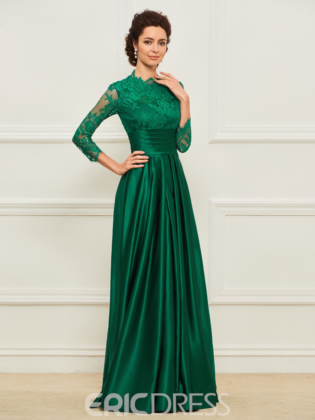 Modest Ericdress Mermaid Mother of The Bride Dresses Jewel 3/4 Long Sleeve Hollow Wedding Guest Dress Lace Applique Sweep Train Evening Gown