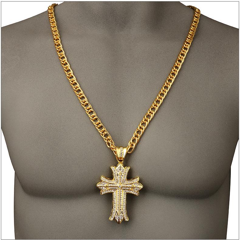 Wholesale-Long Chain Rock Hip Hop Necklace Cross Pendant Mens Jewelry Gold Silver Plated Hip hop Necklaces 90CM