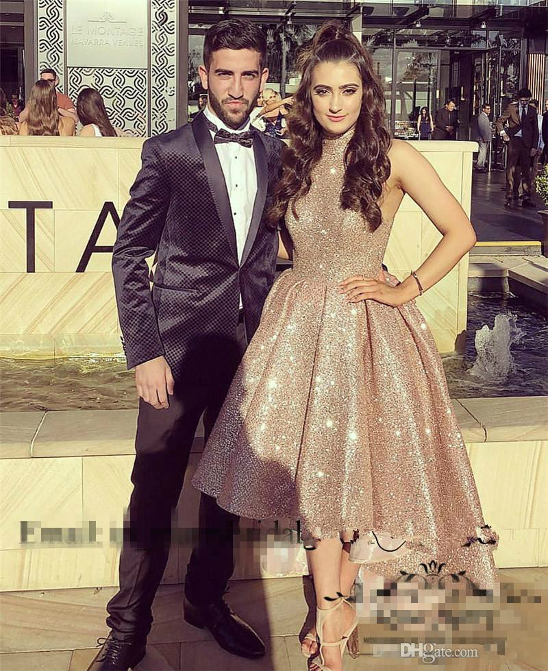 Glitter Rose Gold Prom Dresses High Neck Sequined Hi Low Cocktail Party Dresses Evening Wear Holiday Sleeveless Arabic Bling Graduation Gown