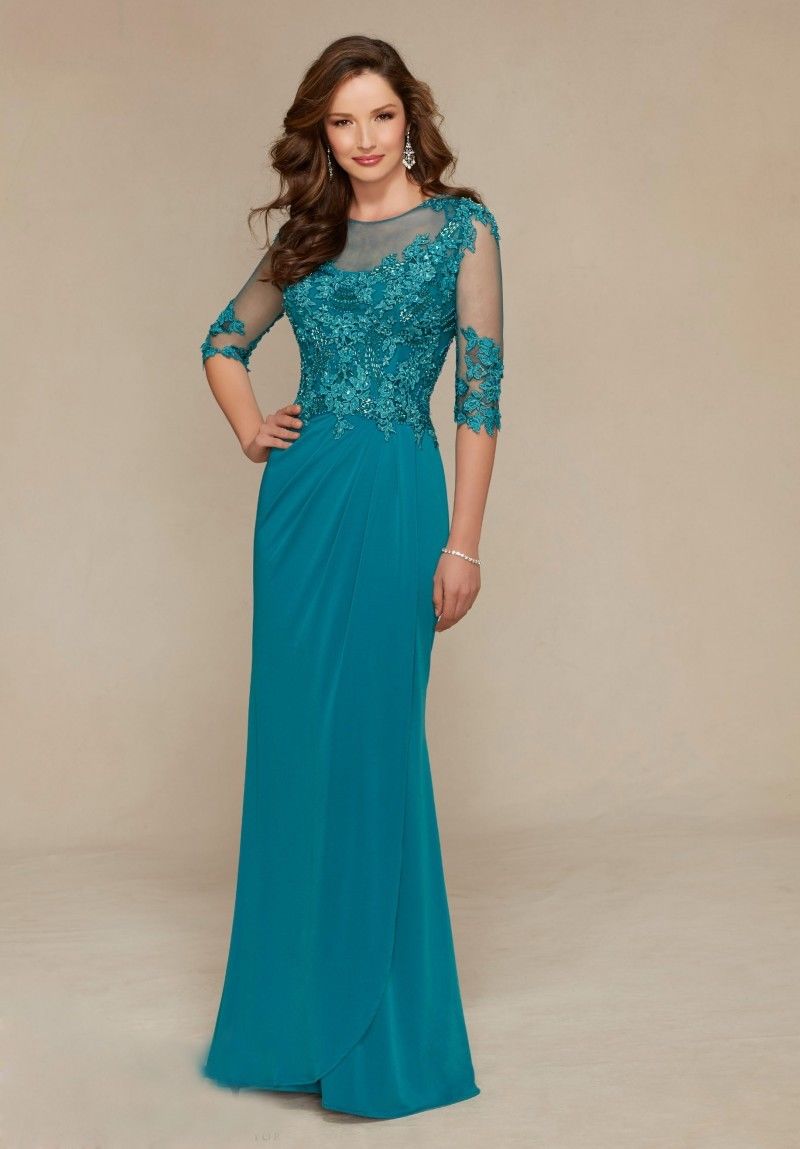 Cheap Floor Length Mother Of the Bride Dresses 3/4 Long Sleeve Lace Beaded Wedding Guest Dresses Jewel Neck Evening Gowns