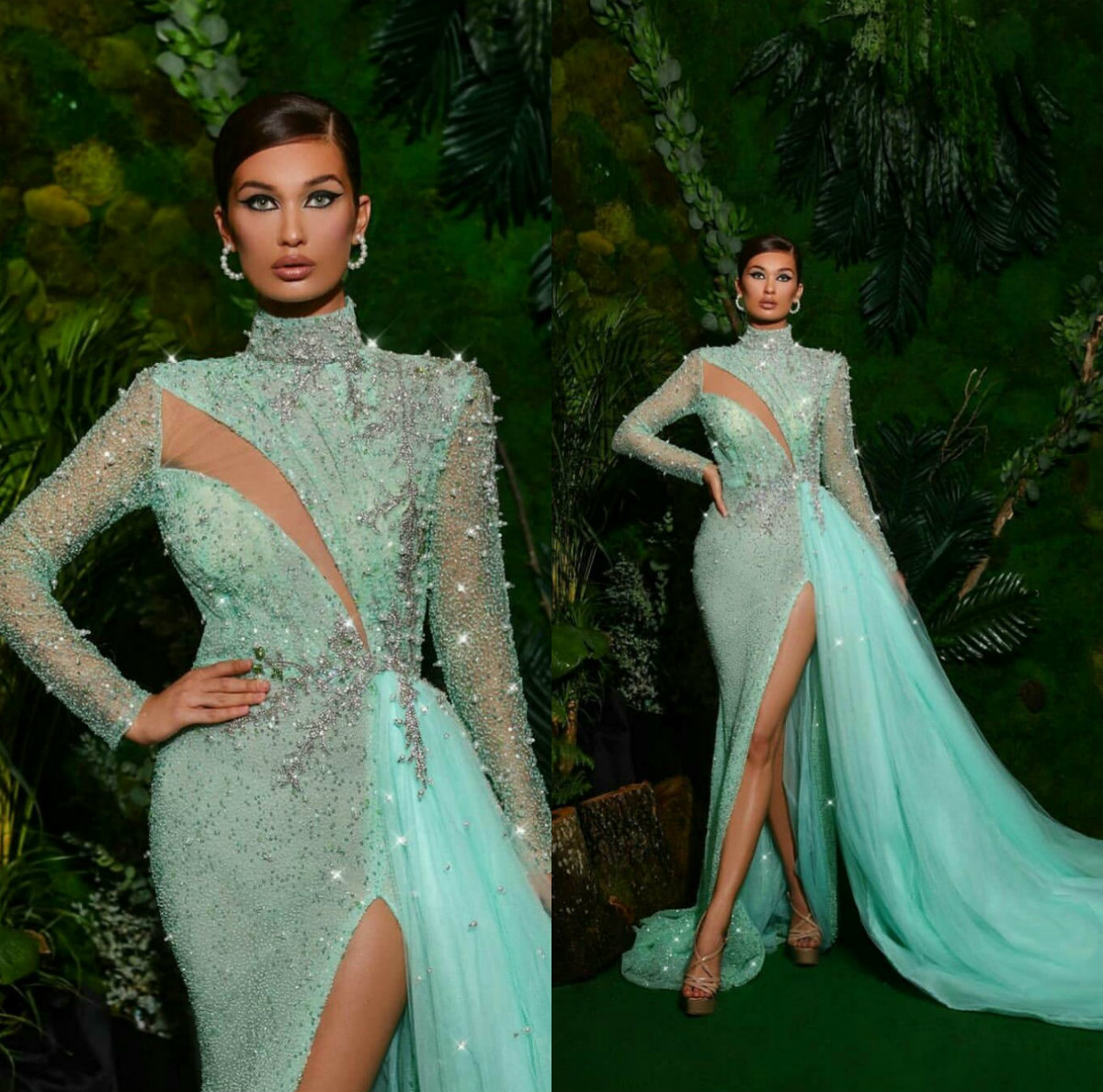 Crystal Evening Gowns High Collar Beads Sequins Long Sleeve Prom Dresses Side Split Special Occasion Dress Sweep Train Party Wear