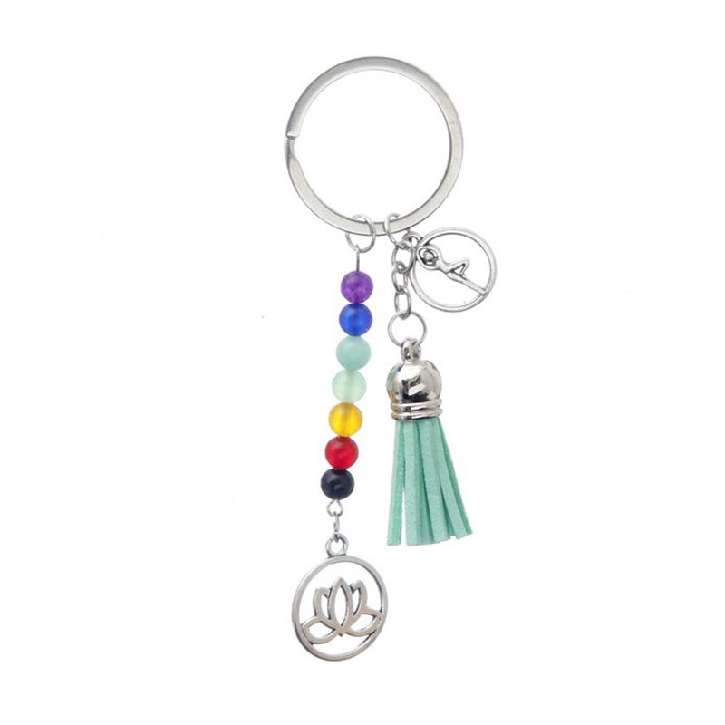 Fashion Keychains Cute Healing Crystal Stone Chakra Pray Car Key Chain Tassel Keyring Bag Pendant Women Jewelry Accessories Gift