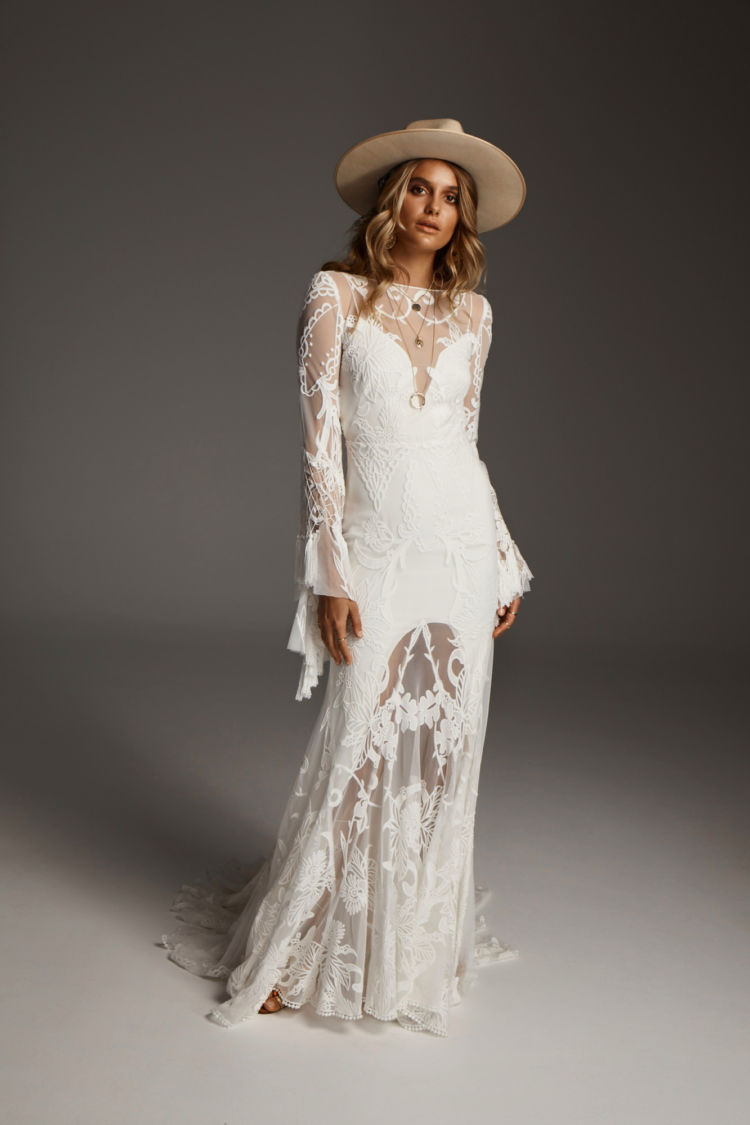 2019 Cowboy Mermaid Wedding Dresses Bateau Neck Lace Appliques Sweep Train Bohemian Wedding Dress Long Sleeve abiti da sposa Bridal Gowns