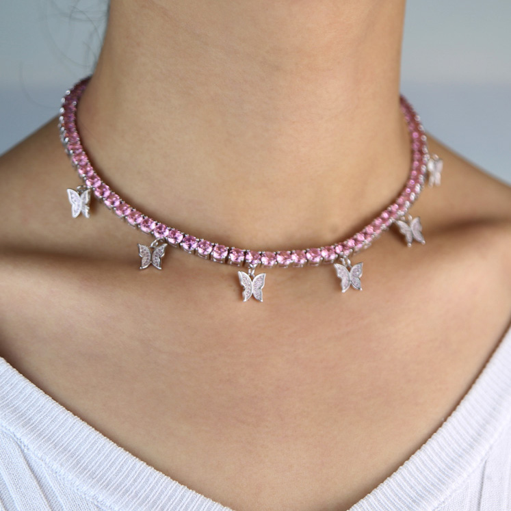 hot selling women hip hop chokers chain butterfly necklace iced out tennis chain micro pave bling pink clear cz punk animal necklace