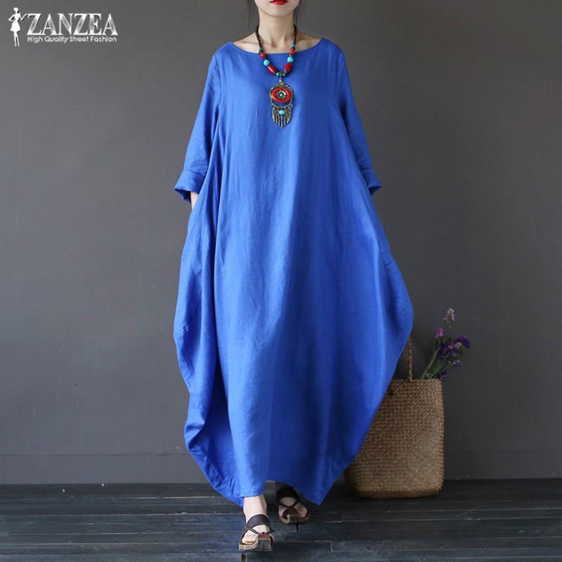 Casual Dresses ZANZEA 2021 Women's Sundress Vintage Linen Long Dress Female Beach Party Maxi Batwing Sleeve Baggy Vestidos Kaftan Robe1