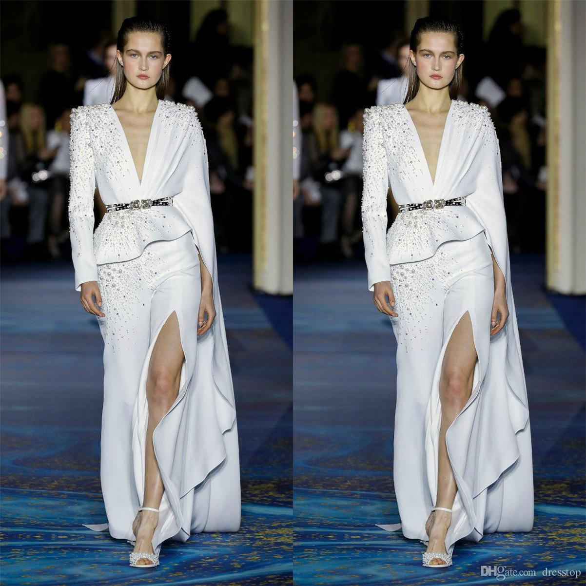 Zuhair Murad Prom Dresses 2020 Long Sleeves Satin Pearls Beaded Evening Gowns Side Split Sexy Party Dress With Wrap