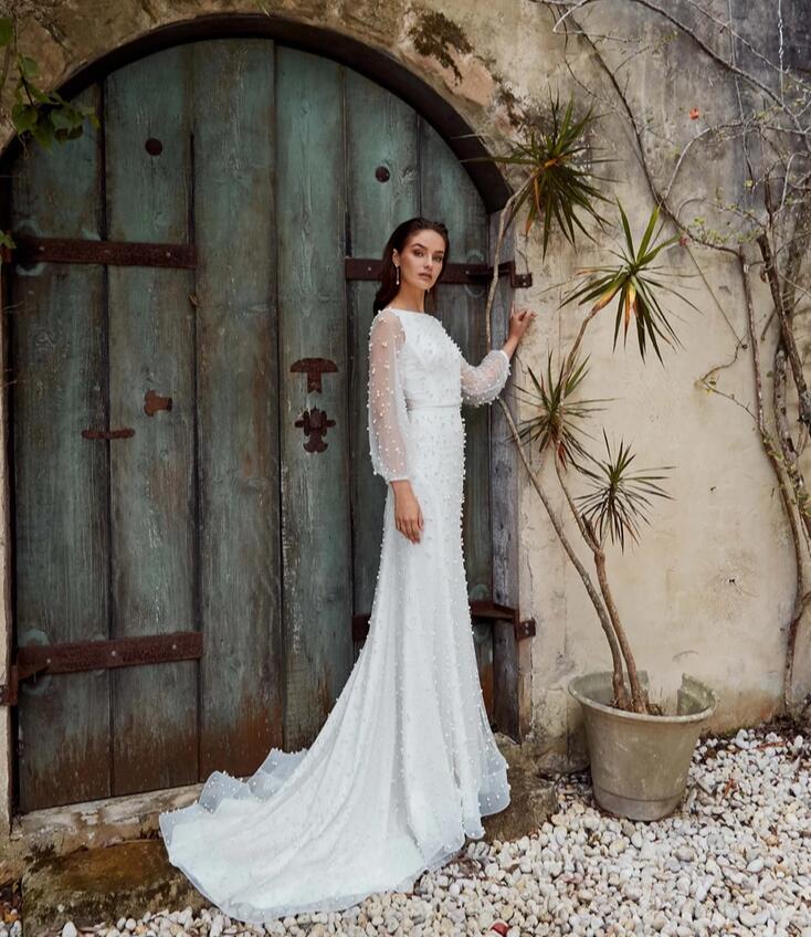 2019 Major Pearls Mermaid Wedding Dresses Bateau Neck Long Sleeve Sweep Train Lace Wedding Dress Boho Vestidos De Novia Bridal Gowns