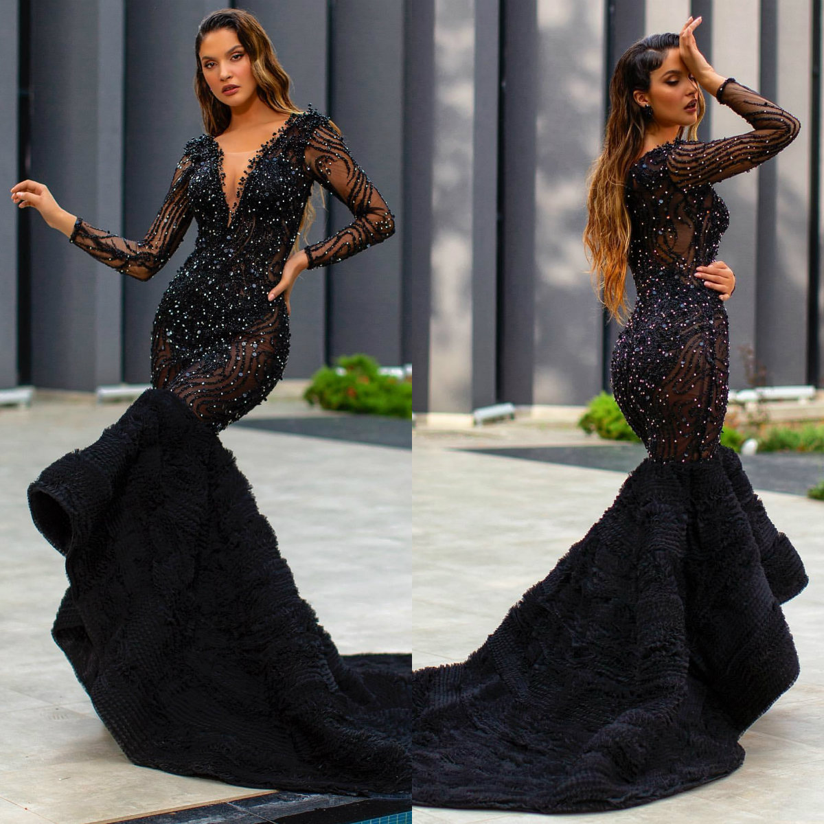 Arabic Black Mermaid Prom Dresses Deep V Neck Lace Sequins Beads Formal Party Dress Customized Sweep Train Long Sleeve Evening Gowns