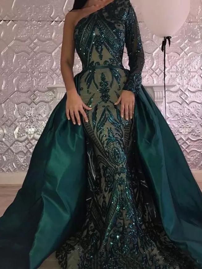 Lace Sparkly Emerald Mermaid Prom Dresses With Detachable Train Jewel Neck Sequined Formal Dress Plus Size Satin Long Sleeves Evening Gowns