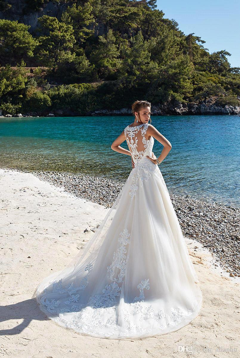 Elegant Ivory Lace Wedding Dresses Capped Sleeves Lace Appliques Illusion Back Wedding Bridal Gowns Beach Summer Wear Dress BC1310