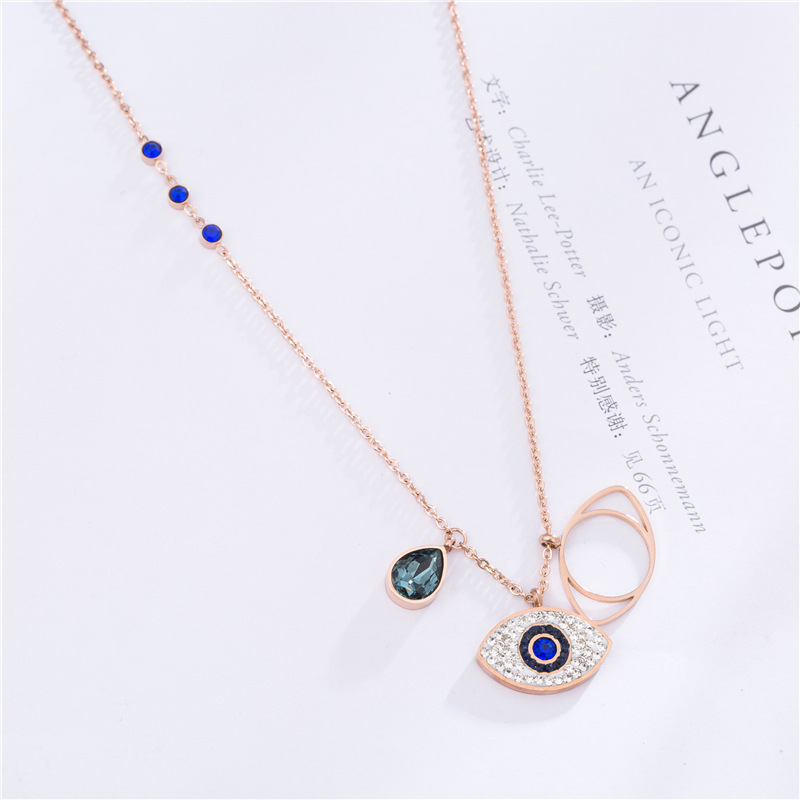 Blue Evil Eye Pendant Necklaces Iced Out Rose Gold Turkey Women Titaniun Steel Jewelry Girls Fashion Rhinestone Link Chain Choker Necklace