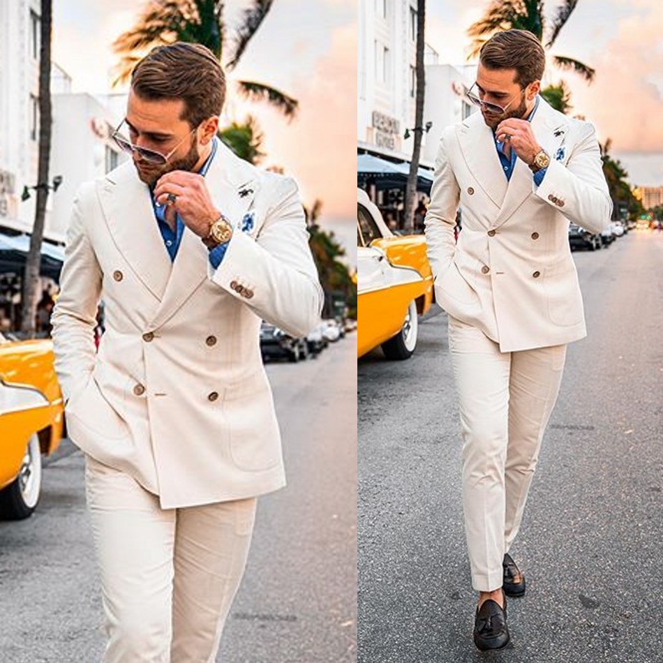 Beach Groom Wedding Tuxedos Men Groomsmen Suits Peaked Lapel Slim Fit Double Breasted Prom Party Dinner Blazer Jacket (Jacket+Pants)