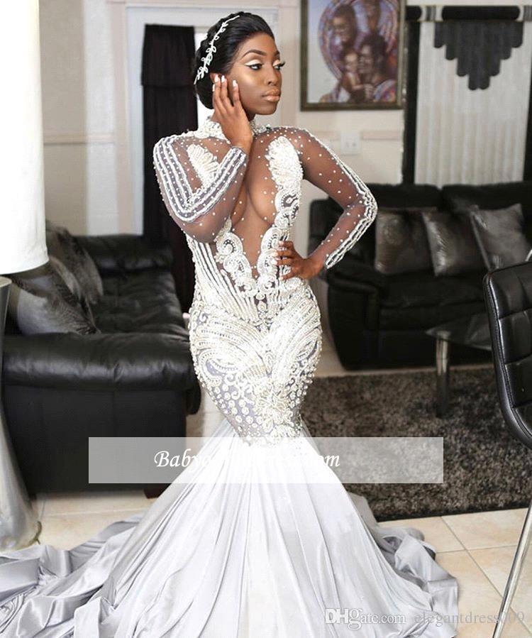 2019 Arabic Mermaid Wedding Dresses Appliqued Beads Pearl High Neck Long Sleeves Lace Wedding Dress Plus Size Bridal Gowns Vestidos De Noiva