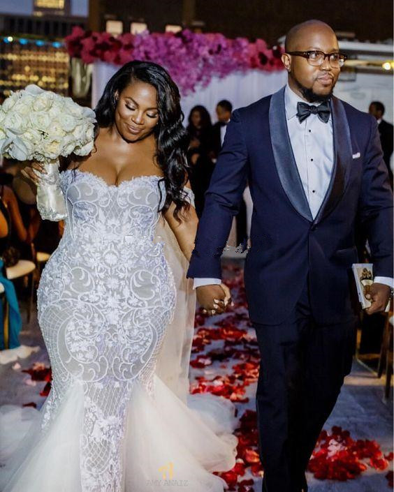 mermaid dresses modest plus size off shoulder trumpet bridal gowns sweep train tulle lace african wedding dress custom made