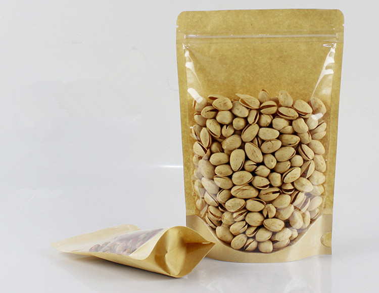 100pcs Thick Clear Front Kraft Paper Stand up Storage Bags One Side Clear Coffee Beans Dried Fruit Bakery Snack Party Candy Xmas Gifts Resealable Zipp