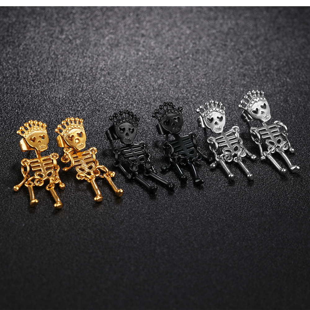 Fashion Cool Men's Skeleton Stud Earrings Jewelry 316L Stainless Steel Retro Skull Ear Bone Nail Earrings