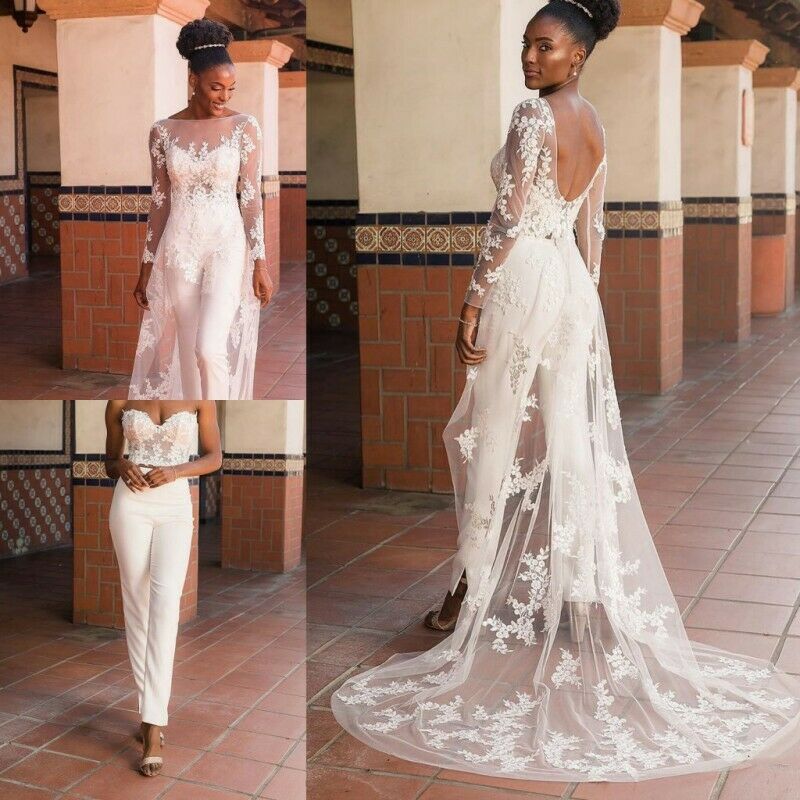 Jumpsuits Wedding Dresses With Detachable Skirt Lace Appliqued Bridal Gowns Country Plus Size Wedding Dress Robe De Mariee