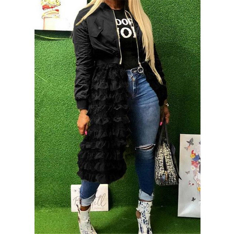 2019 Women Autumn Solid Casual Mesh Lace Splice Jacket Ladies Fashion Coat Zipper Down Outwear Tops Females New Clothing Tops V191209