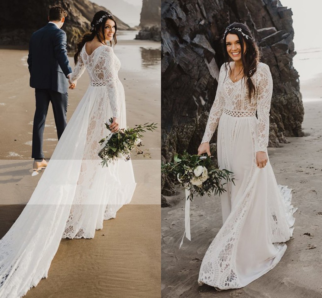 Vintage Crochet Lace Beach Wedding Dresses 2020 Long Sleeve V-neck Plus Size Chiffon Summer Bohemian Country Bride Wedding Gown